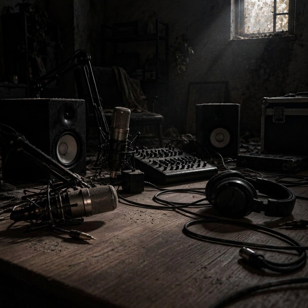 Estúdio caro de podcast abandonado — microfones, mesa e monitores cobertos de poeira